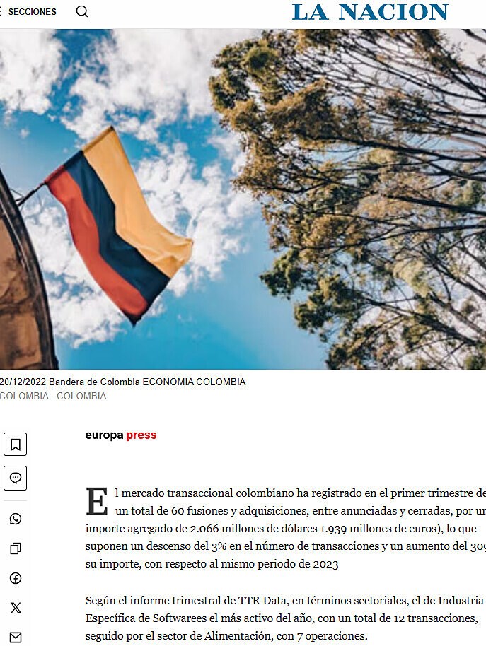 El mercado transaccional de Colombia moviliz cuatro veces ms capital hasta marzo en trminos interanuales
